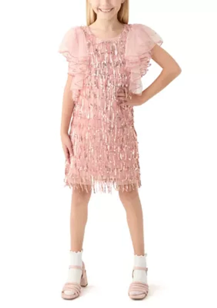 Girls 7-16 Ruffle Sleeve Sequin Dress