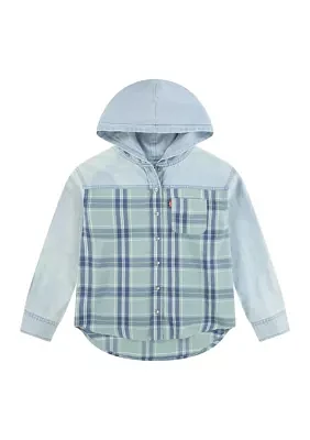 Girls 7-16 Mixed Woven Hooded Shirt