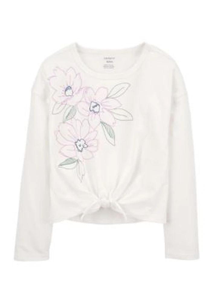 Girls 4-6x Tie Front Floral Embroidered T-Shirt