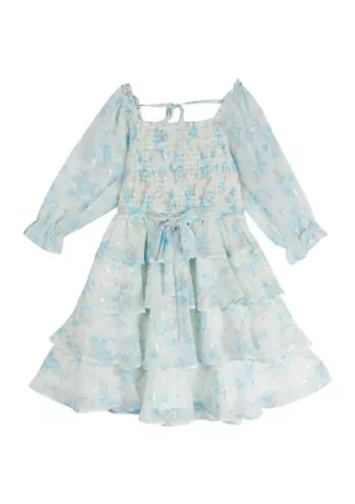 Girls 4-6x Floral Printed Sequin Chiffon Smocked Dress