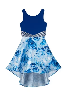 Girls 7-16 Scuba Bodice with Back Detail to Floral Mikado Hi Low Skirt Dress