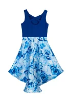 Girls 7-16 Scuba Bodice with Back Detail to Floral Mikado Hi Low Skirt Dress