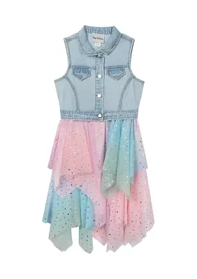 Girls 7-16 Denim Vest with Rainbow Dress