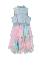 Girls 7-16 Denim Vest with Rainbow Dress