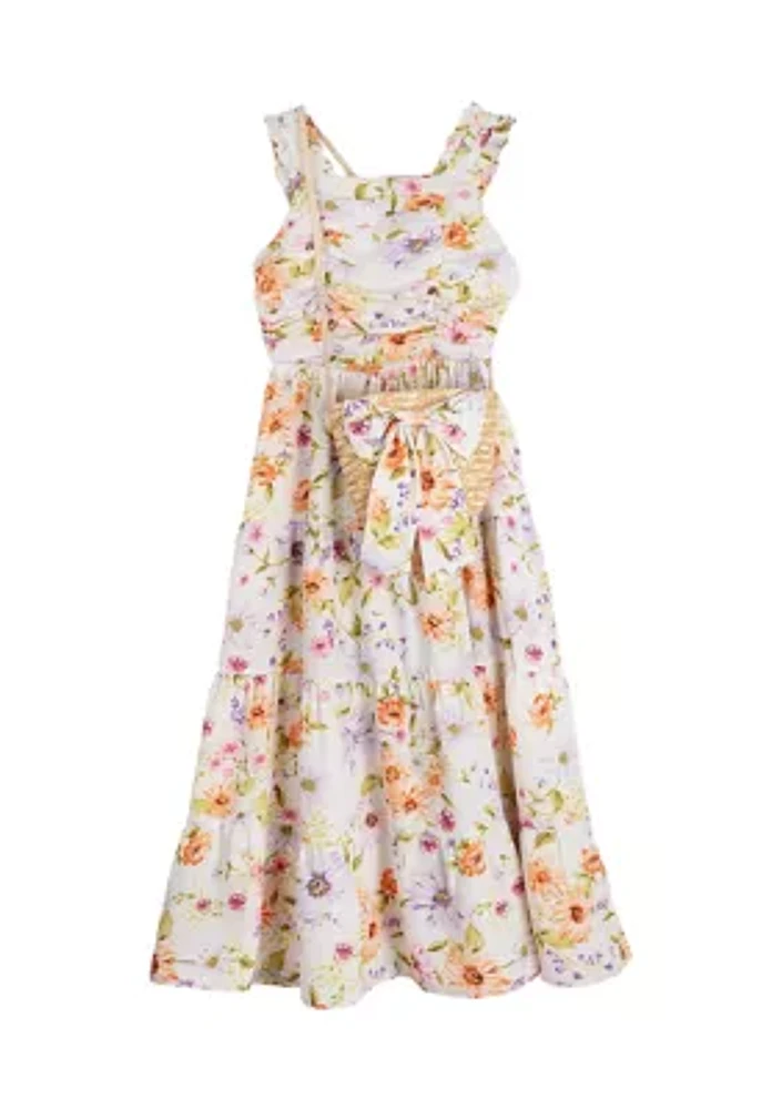 Girls 7-16 Floral Printed Ruched Bodice Tiered Maxi Dress