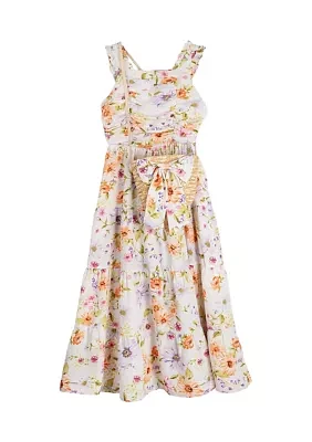 Girls 7-16 Floral Printed Ruched Bodice Tiered Maxi Dress