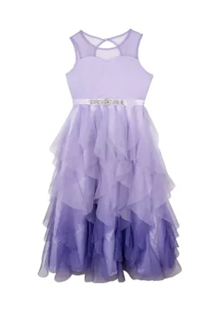 Girls 7-16 Ombré Mesh Hem Cascade Ruffle Dress