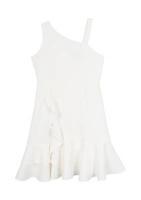 Girls 7-16 White One Shoulder Ruffle Scuba Dress