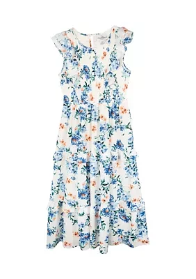 Girls 7-16 White and Blue Floral Print Dress