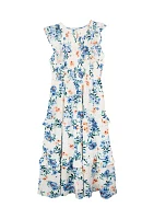 Girls 7-16 White and Blue Floral Print Dress