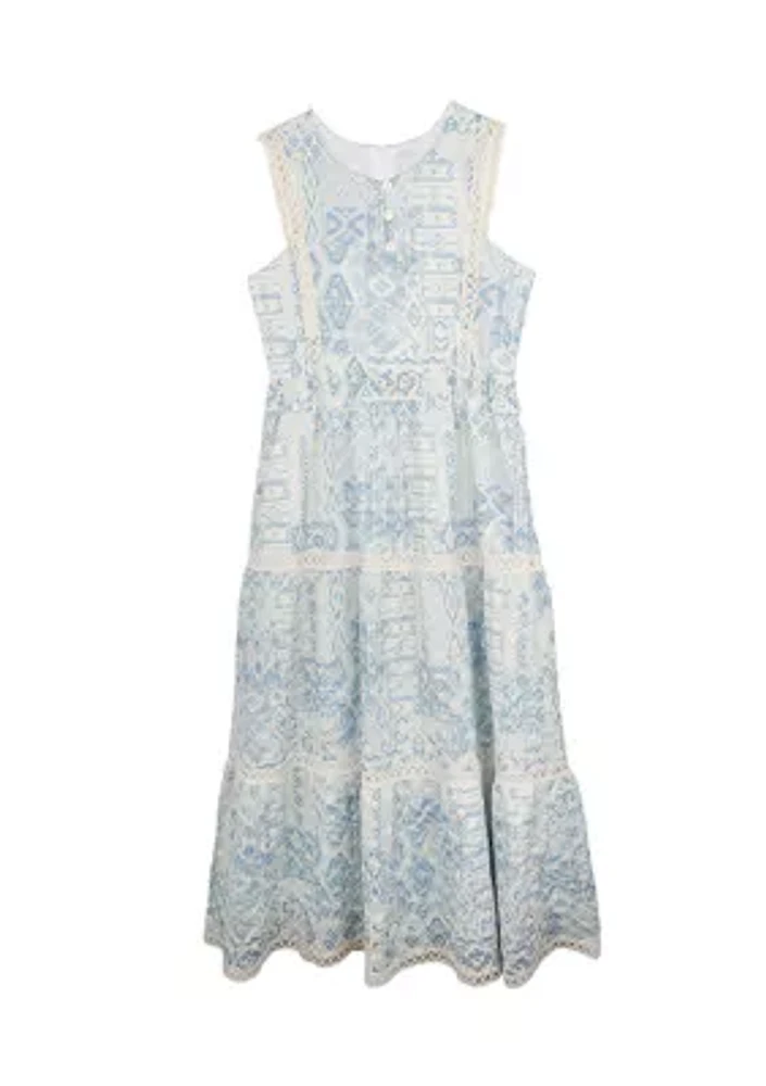 Girls 7-16 Blue White Printed Maxi Dress