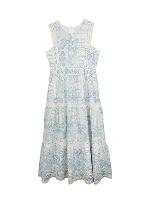 Girls 7-16 Blue White Printed Maxi Dress