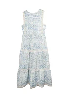 Girls 7-16 Blue White Printed Maxi Dress