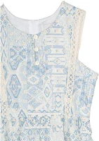 Girls 7-16 Blue White Printed Maxi Dress