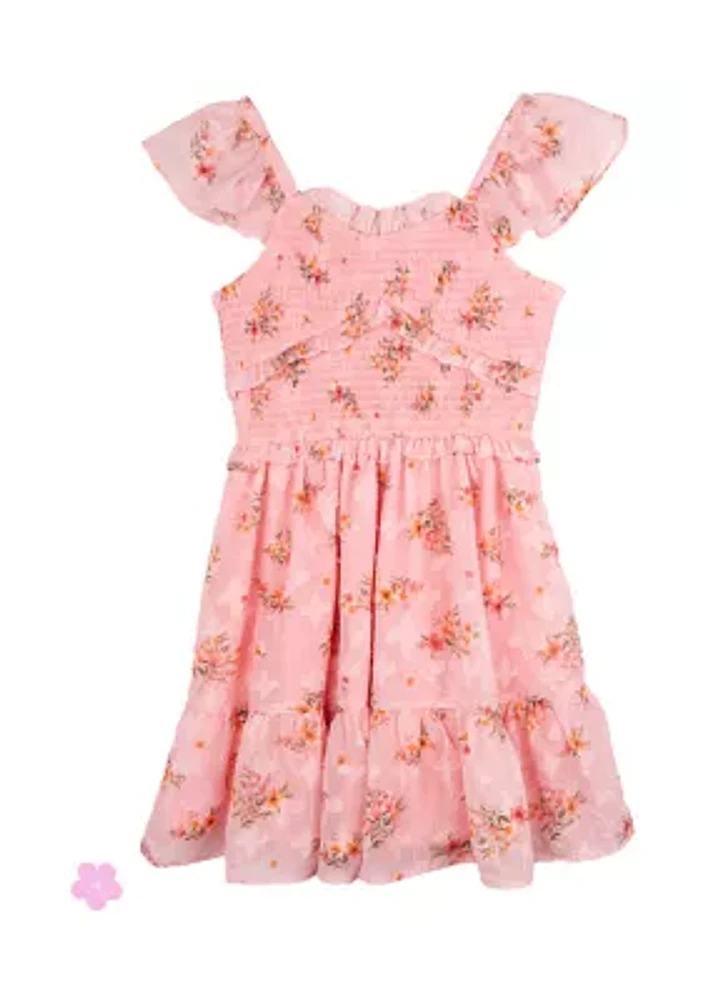 Girls 7-16 Flutter Sleeve Printed Burnout Smock Waist Dress