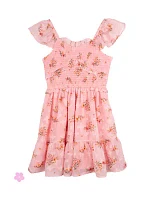 Girls 7-16 Flutter Sleeve Printed Burnout Smock Waist Dress