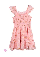 Girls 7-16 Flutter Sleeve Printed Burnout Smock Waist Dress