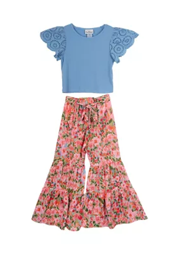 Girls 7-16 Flutter Sleeve Top and Printed Pants Set