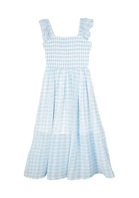 Girls 7-16 Gingham Printed Smocked Chiffon Maxi Dress