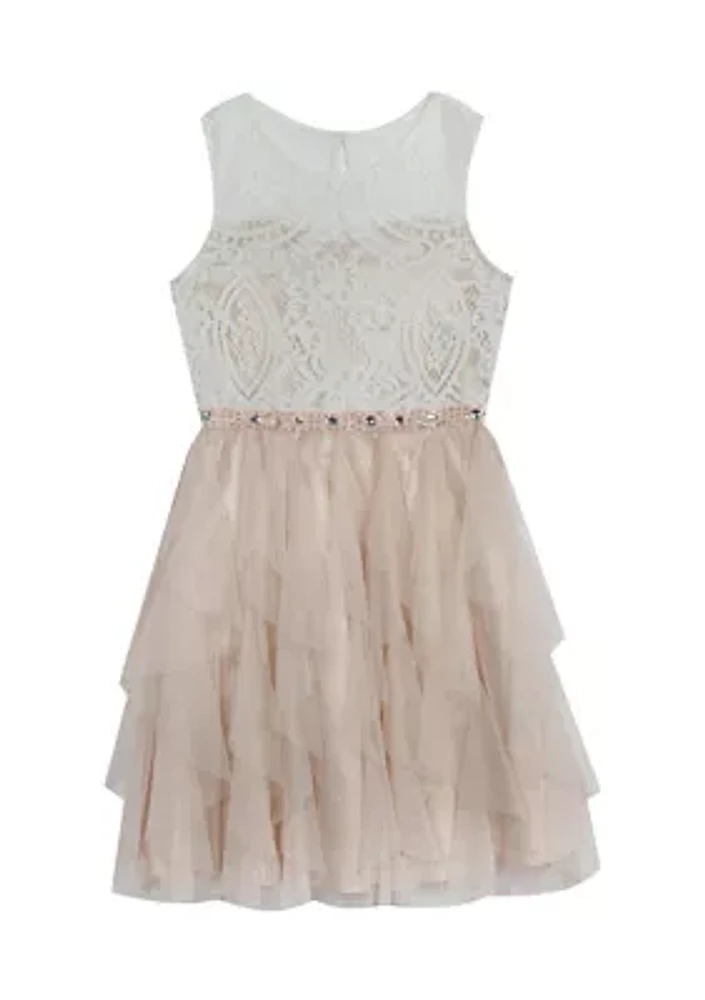 Girls 7-16 Ivory Lace Bodice to Taupe Skirt Dress