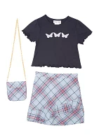 Girls 4-6x Ribbed Knit Top and Plaid Skirt with Crossbody Bag