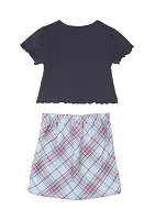 Girls 4-6x Ribbed Knit Top and Plaid Skirt with Crossbody Bag