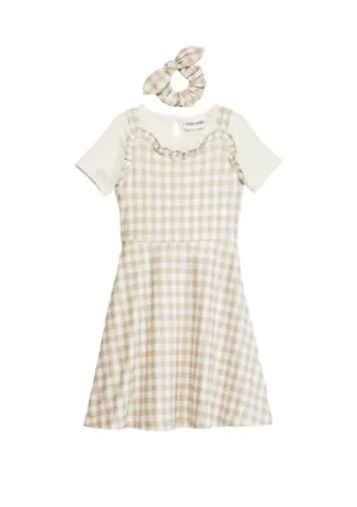 Girls 4-6x Gingham Jumper Dress with Hair Tie