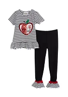 Girls 4-6x Stripe Knit Apple Appliqué Top and Solid Leggings Set