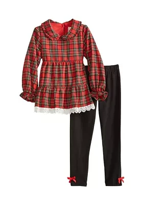 Girls 4-6x Plaid Printed Twill Crochet Top and Leggings Set