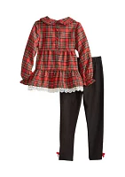 Girls 4-6x Plaid Printed Twill Crochet Top and Leggings Set