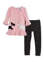 Girls 4-6x Pink Knit Scottie Top and Black Dot Leggings Set