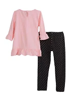 Girls 4-6x Pink Knit Scottie Top and Black Dot Leggings Set