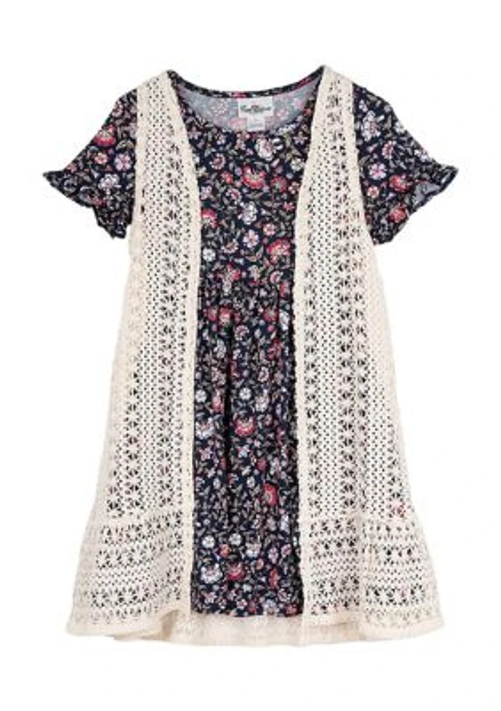 Girls 4-6x Embroidered Crochet Knit Dress and Floral Printed Set