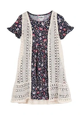 Girls 4-6x Embroidered Crochet Knit Dress and Floral Printed Set