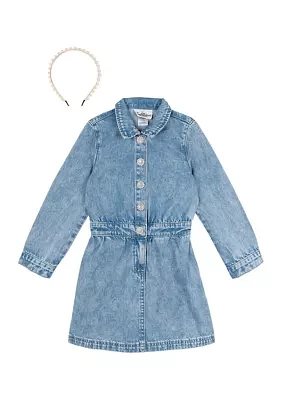 Girls 4-6x Denim Dress with Pearl Headband