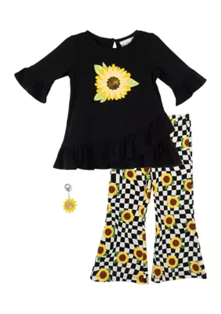 Girls 4-6x Black Ribbed Sunflower Graphic Top and Pants Set with Keychain