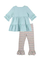 Girls 4-6x Heather Knit Ruffle Top and Striped Leggings Set