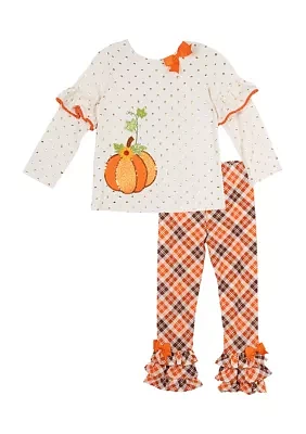 Girls 4-6x Pumpkin Appliqué Ivory Foil Dot Top and Printed Leggings Set