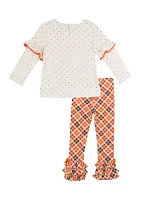 Girls 4-6x Pumpkin Appliqué Ivory Foil Dot Top and Printed Leggings Set