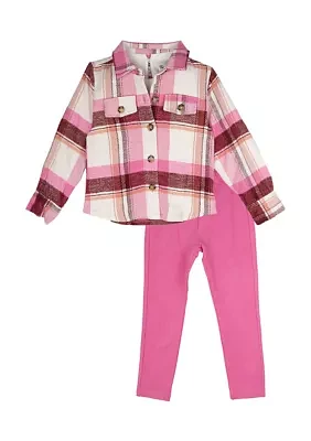 Girls 4-6x 3 Piece Plaid Printed Shirt and Leggings Set