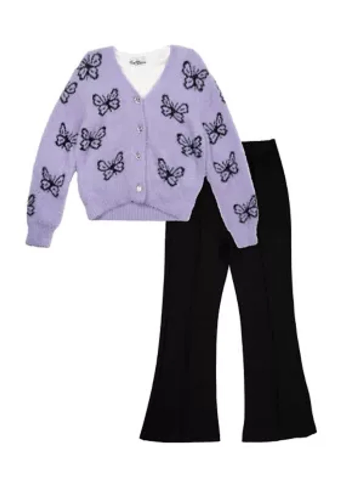 Girls 4-6x Fuzzy Knit Printed Cardigan and Pants Set