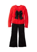 Girls 4-6x Fuzzy Sweater with Velour Bow and Leggings Set