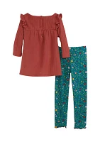 Girls 4-6x Thermal Knit Top and Printed Brush Leggings Set