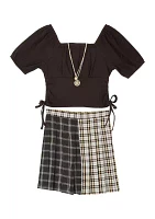 Girls 7-16 Ribbed Knit Puff Sleeve Top and Color Block Skirt with Necklace