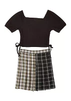 Girls 7-16 Ribbed Knit Puff Sleeve Top and Color Block Skirt with Necklace