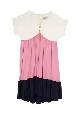 Girls 7-16 Color Blocked Dress with Necklace