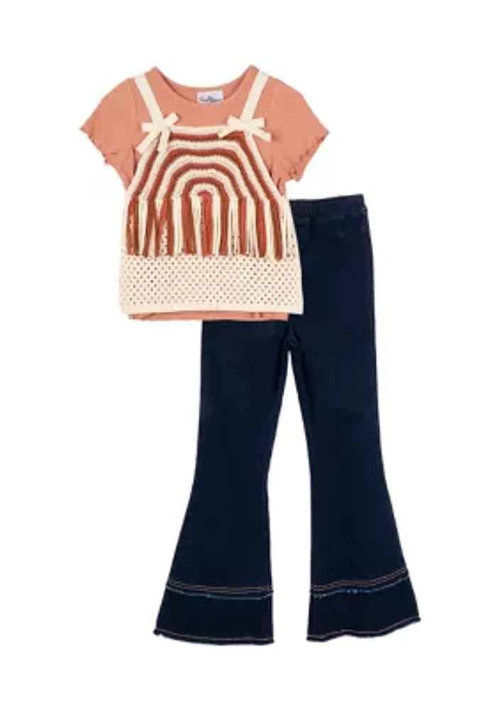 Girls 7-16 Crochet Knit Top and Denim Pants Set