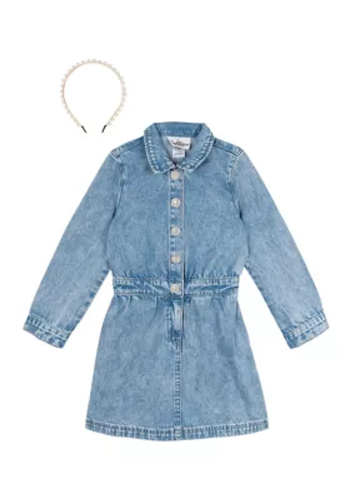 Girls 7-16 Denim Dress with Pearl Headband