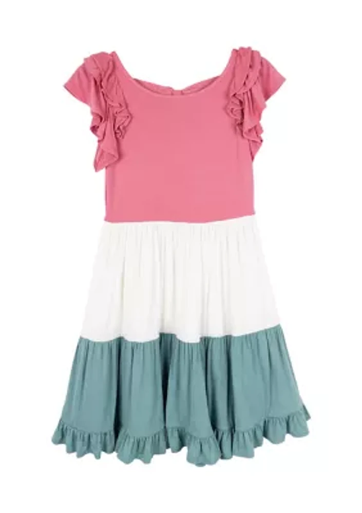 Girls 7-16 Color Blocked Ruffle Dress with Bow Back