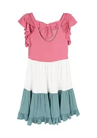 Girls 7-16 Color Blocked Ruffle Dress with Bow Back